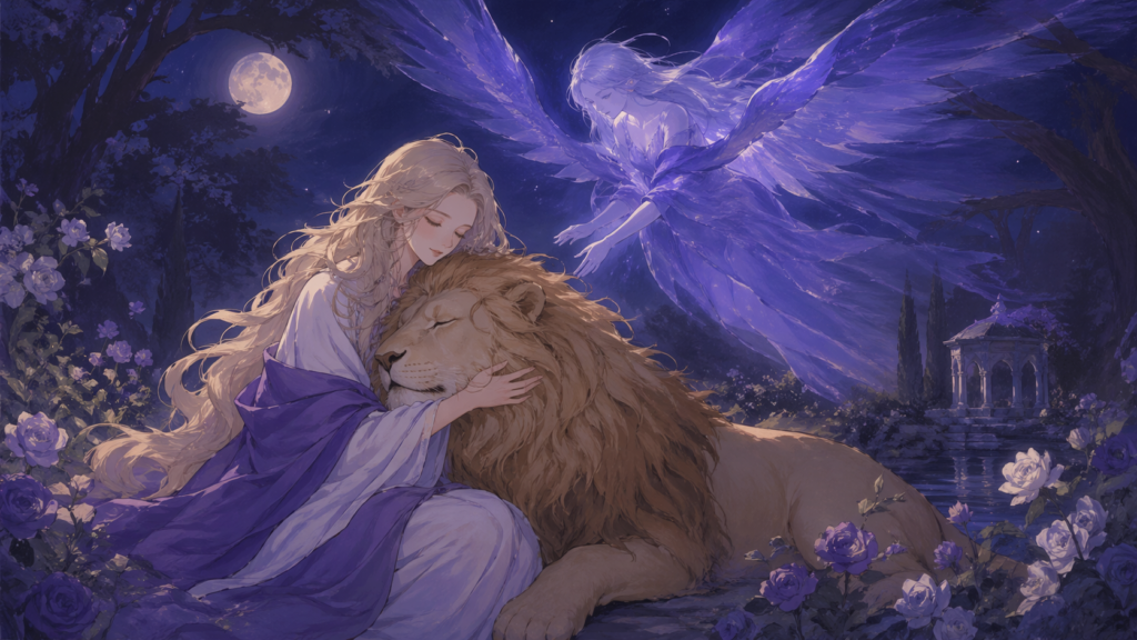 femme tenant un lion paisible avec une présence angélique indigo, symbolique sacrée du nombre 11 en numérologie