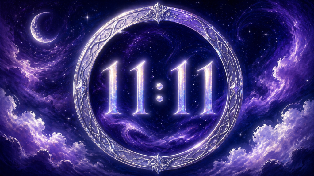 heure miroir 11:11 dans un cercle élégant sur fond de ciel nocturne, synchronicité du nombre 11 en numérologie