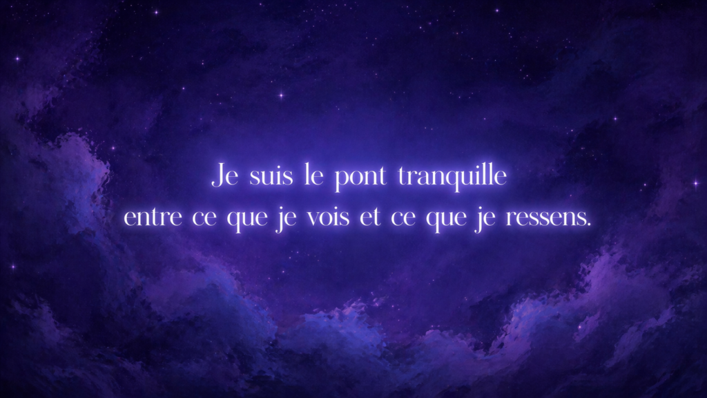 mantra du nombre 11 en numérologie sur fond violet étoilé, je suis le pont tranquille entre ce que je vois et ce que je ressens