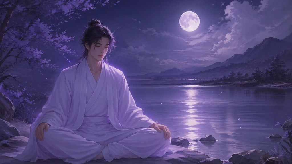homme asiatique en méditation au bord d'un lac nocturne dans une lumière violette douce, méditation guidée du nombre 11 en numérologie