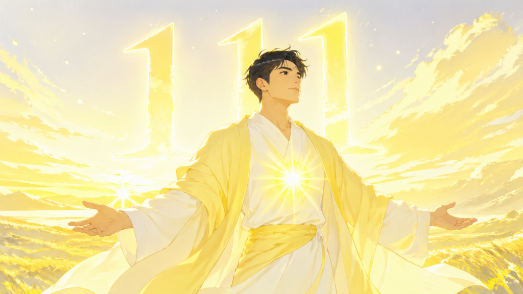 homme asiatique debout au lever du soleil avec le chiffre 111 lumineux, signification du nombre 111 en numérologie