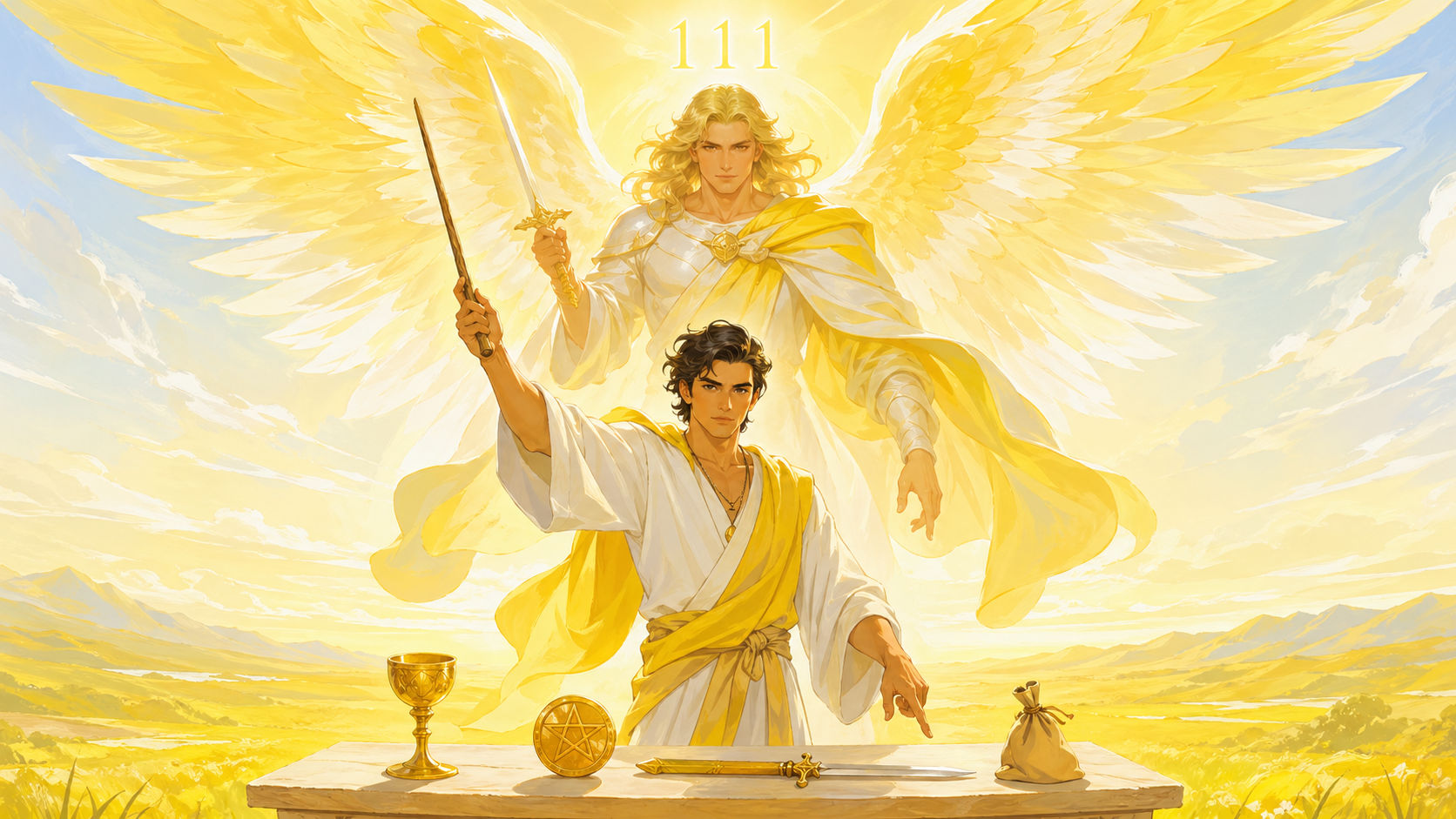 homme incarnant Le Bateleur du tarot avec l'ange Mikaël et le chiffre 111, symbolique sacrée du nombre 111 en numérologie