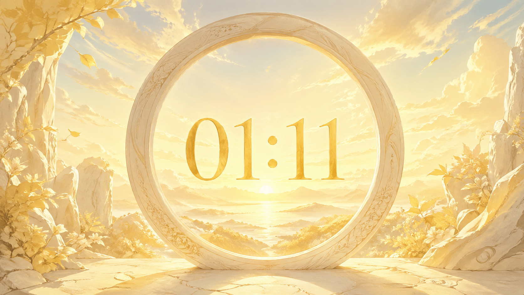 heure miroir 01:11 dans un cercle élégant sur fond de lever de soleil jaune lumineux, synchronicité du nombre 111 en numérologie