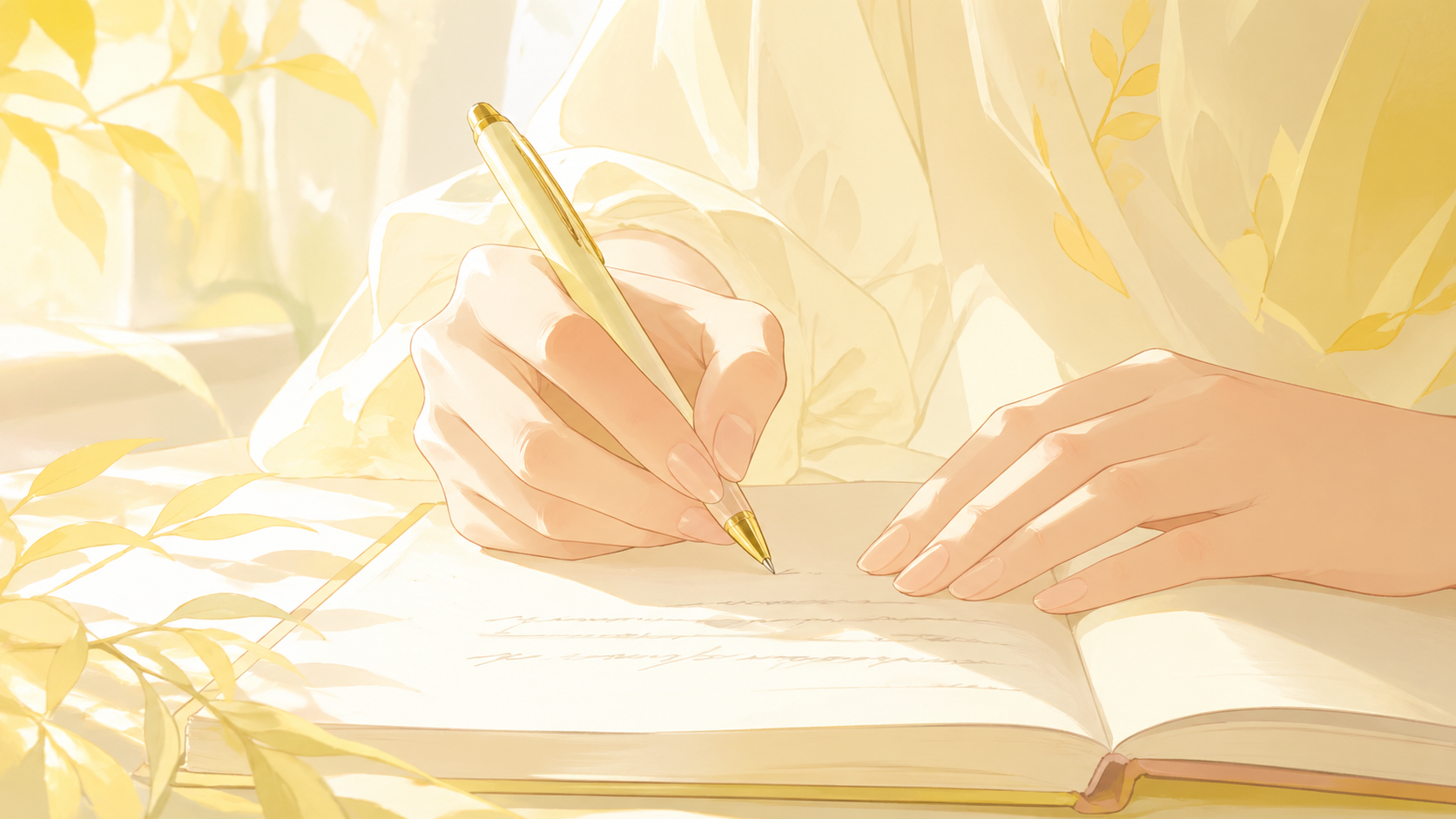 mains féminines européennes écrivant dans un carnet dans une lumière jaune solaire, message vibratoire du nombre 111 en numérologie