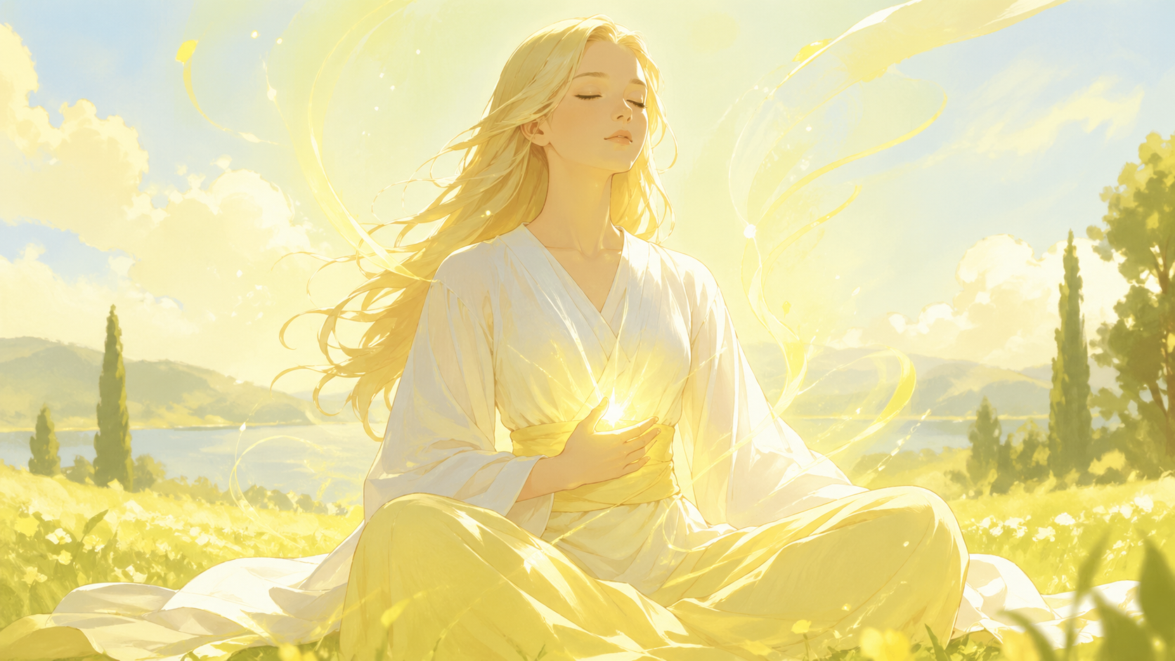 femme nordique en méditation dans un paysage matinal lumineux avec de légers scintillements jaune doré, méditation guidée du nombre 111 en numérologie