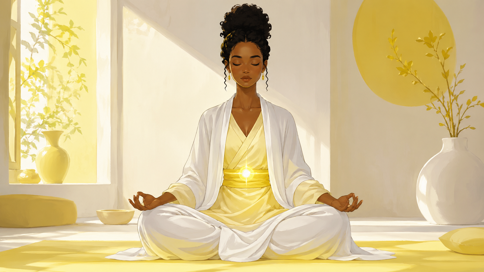 femme noire aux cheveux bouclés en méditation avec une lumière jaune dorée au plexus solaire, vibration du nombre 111 en numérologie