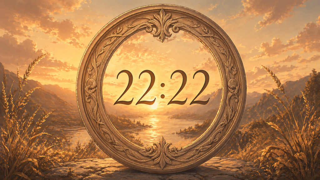 heure miroir 22:22 dans un cercle élégant sur fond de coucher de soleil doré, synchronicité du nombre 22 en numérologie