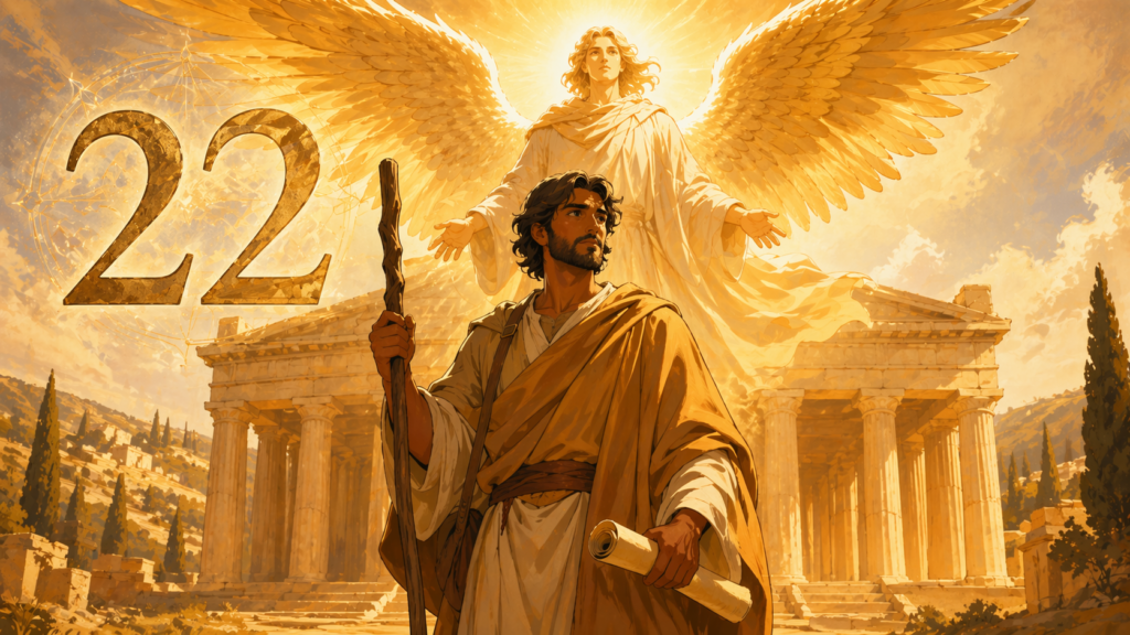 homme incarnant Le Mat du tarot au bord d'un chemin avec l'ange Uriel et le chiffre 22, symbolique sacrée du nombre 22 en numérologie