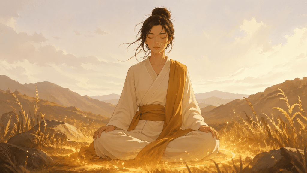 femme asiatique en méditation dans un paysage de herbes dorées avec des scintillements légers, méditation guidée du nombre 22 en numérologie