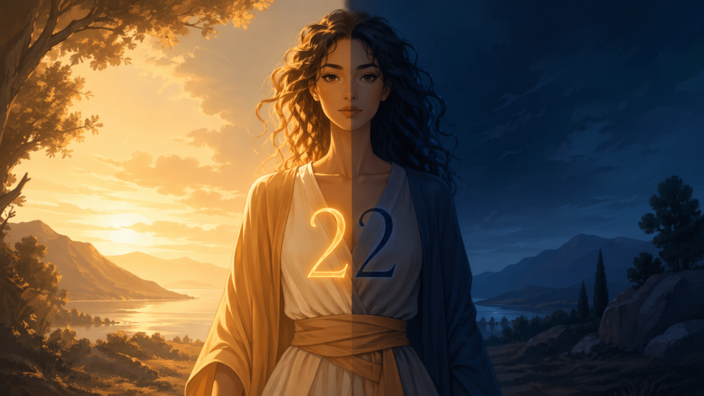 femme métisse debout entre lumière et ombre avec le chiffre 22 sur le torse, enseignement du nombre 22 en numérologie