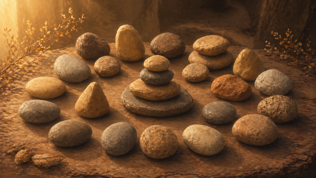 22 pierres naturelles colorées disposées harmonieusement sur une surface de bois, message vibratoire du nombre 22 en numérologie