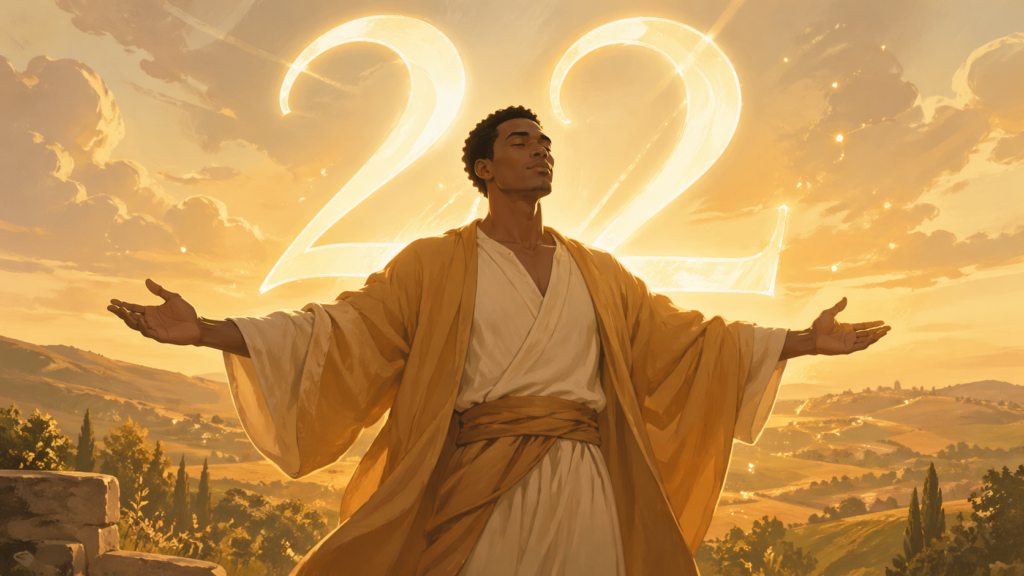 Femme africaine en train de soulever une pierre dans un paysage de lever de soleil avec le chiffre 22 lumineux, signification du nombre 22 en numérologie