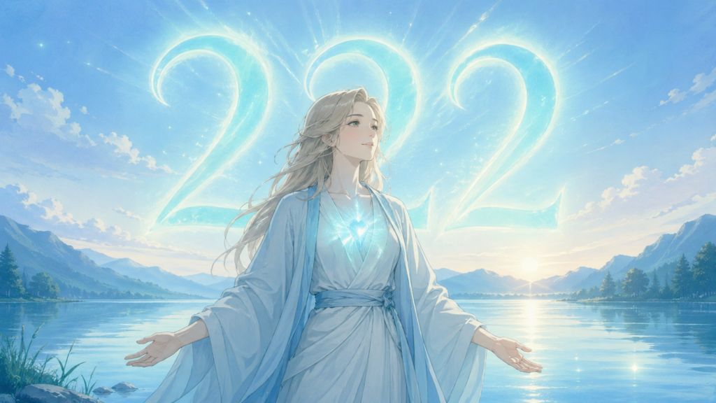 femme africaine debout au bord d'un lac au lever du jour avec le chiffre 222 lumineux, signification du nombre 222 en numérologie