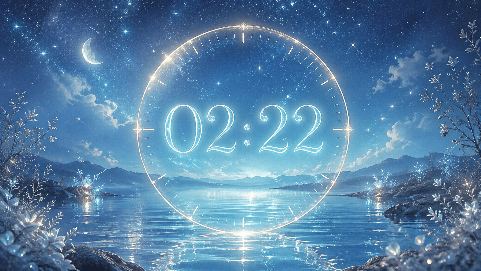 heure miroir 02:22 dans un cercle élégant sur fond de nuit bleue lunaire, synchronicité du nombre 222 en numérologie