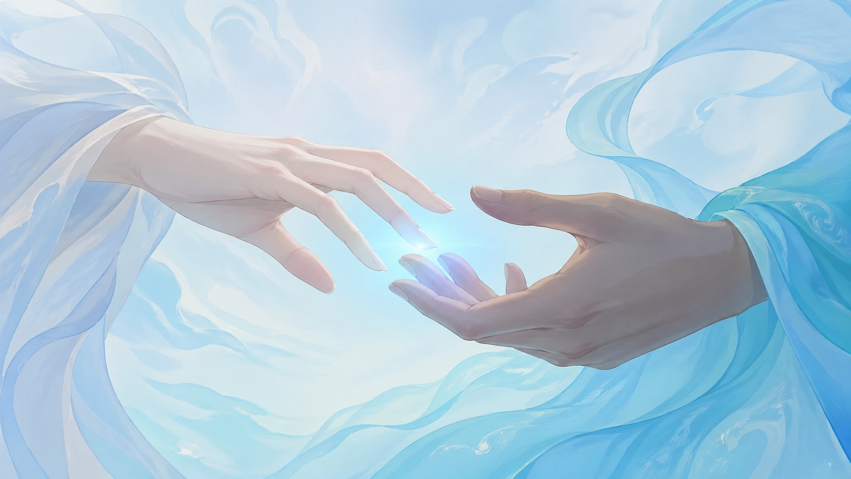 deux mains se rejoignant doucement dans une lumière bleu ciel, message vibratoire du nombre 222 en numérologie