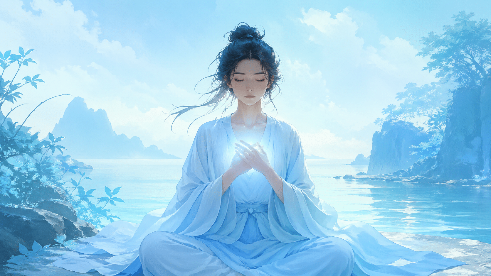 femme asiatique en méditation les mains sur le cœur avec une lumière bleu ciel, vibration du nombre 222 en numérologie