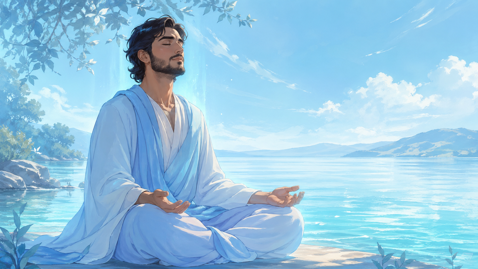 homme moyen-oriental en méditation au bord de l'eau avec de légers reflets bleutés, méditation guidée du nombre 222 en numérologie