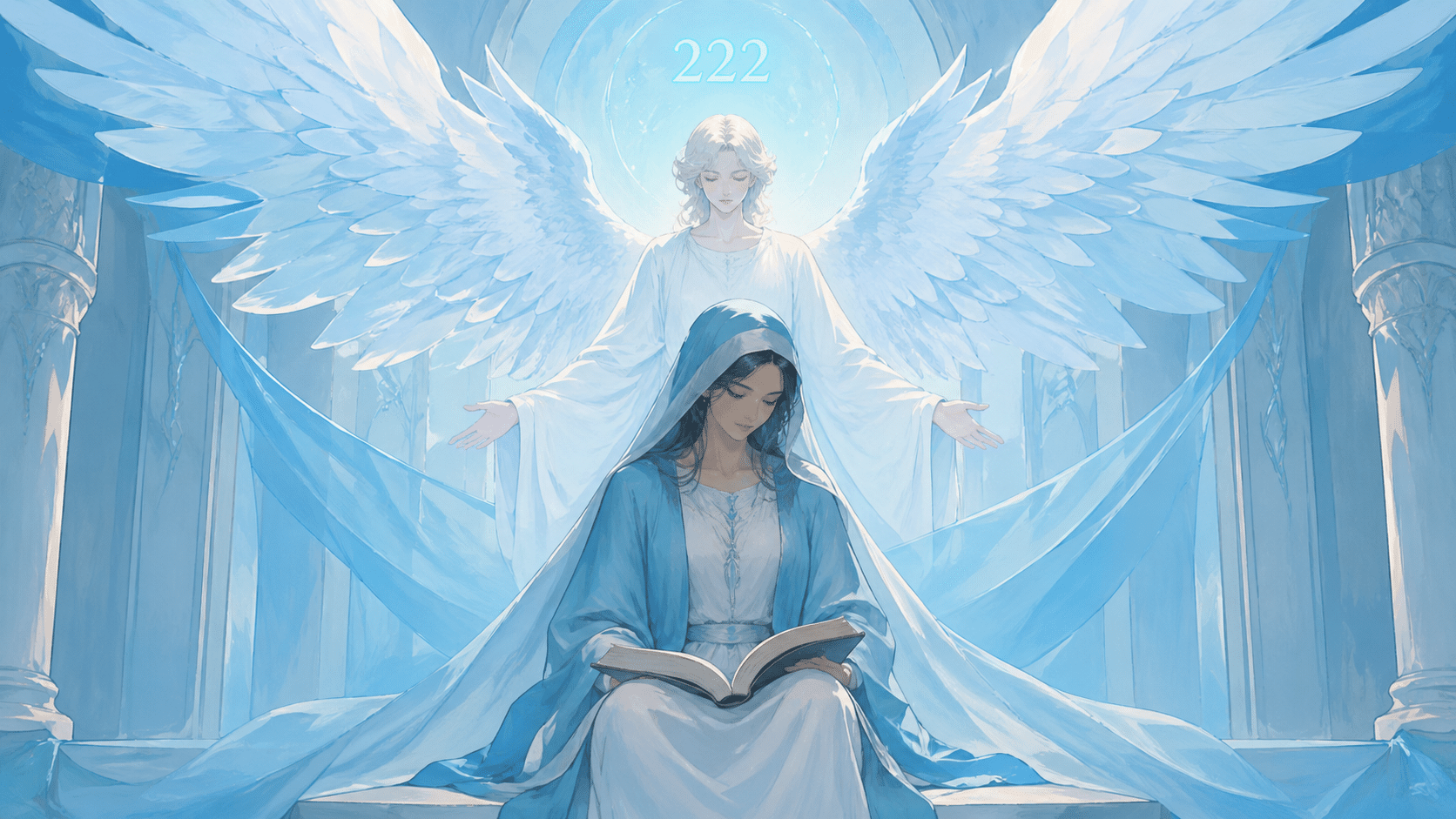 femme incarnant La Papesse du tarot avec l'ange Gabriel et le chiffre 222, symbolique sacrée du nombre 222 en numérologie