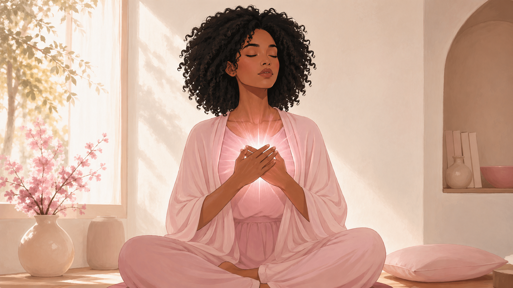femme noire aux cheveux bouclés en méditation les mains sur le cœur, vibration du nombre 33 en numérologie