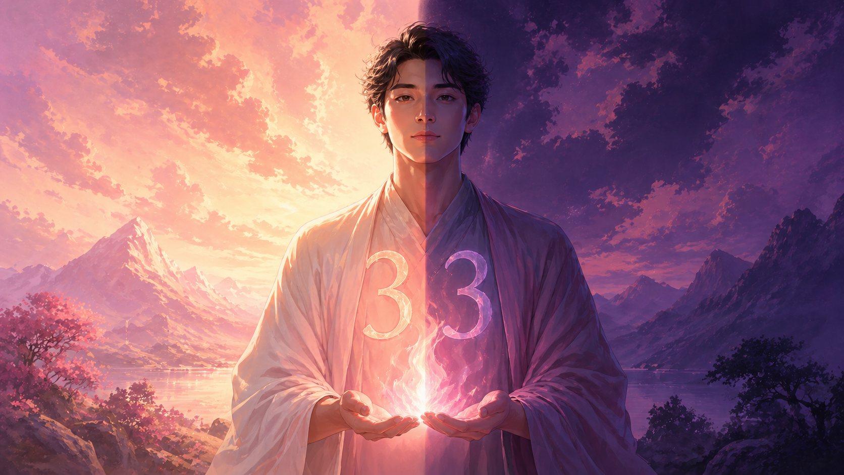 homme asiatique debout tenant une flamme rose avec le chiffre 33 entre lumière et ombre, enseignement du nombre 33 en numérologie