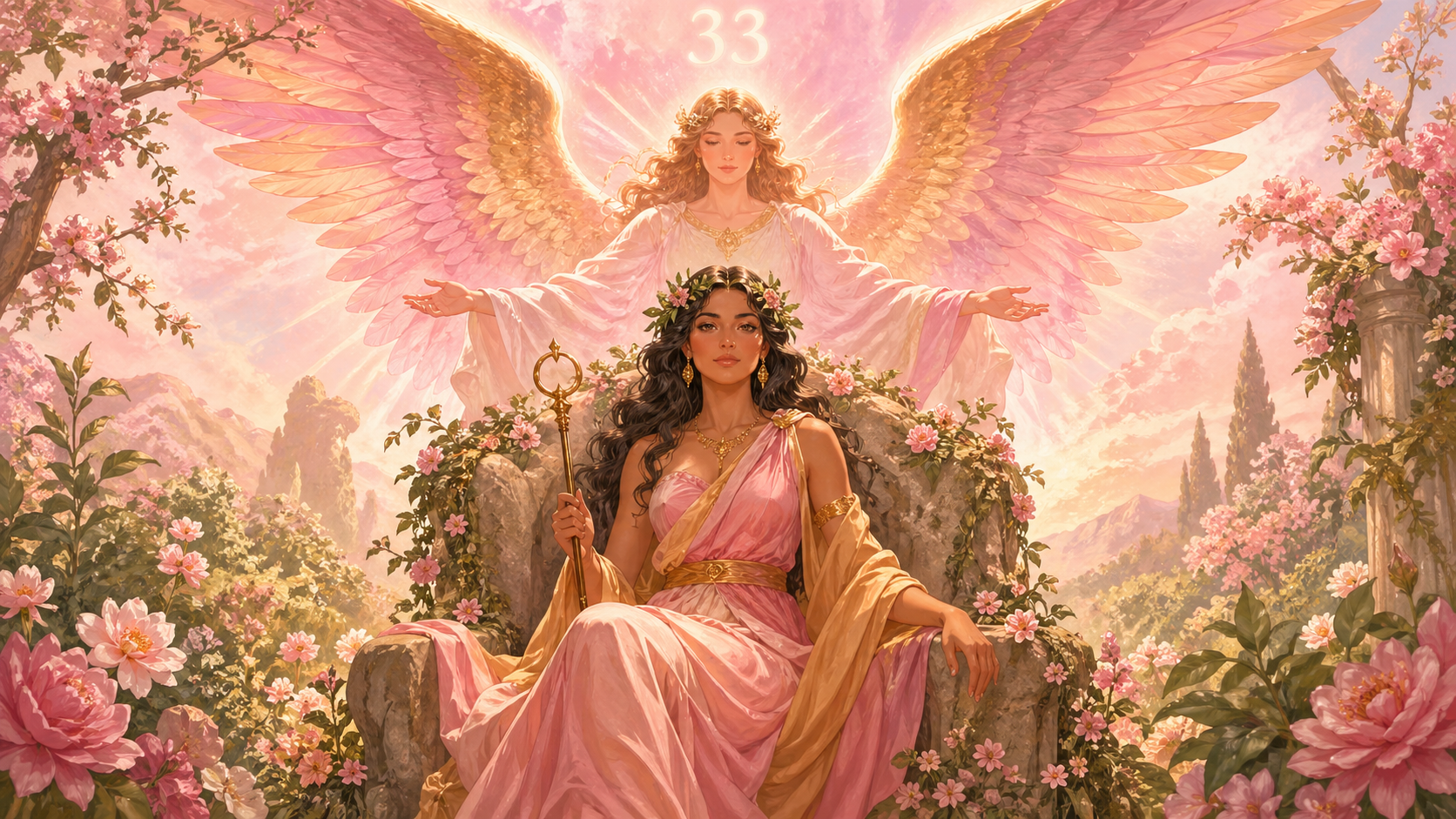 femme latinos incarnant l'Impératrice du tarot avec l'ange Haniel et le chiffre 33, symbolique sacrée du nombre 33 en numérologie