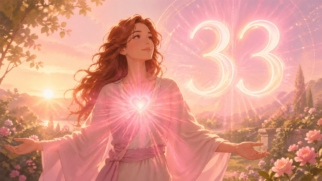 femme européenne aux cheveux auburn debout dans un jardin fleuri avec le chiffre 33 lumineux, signification du nombre 33 en numérologie