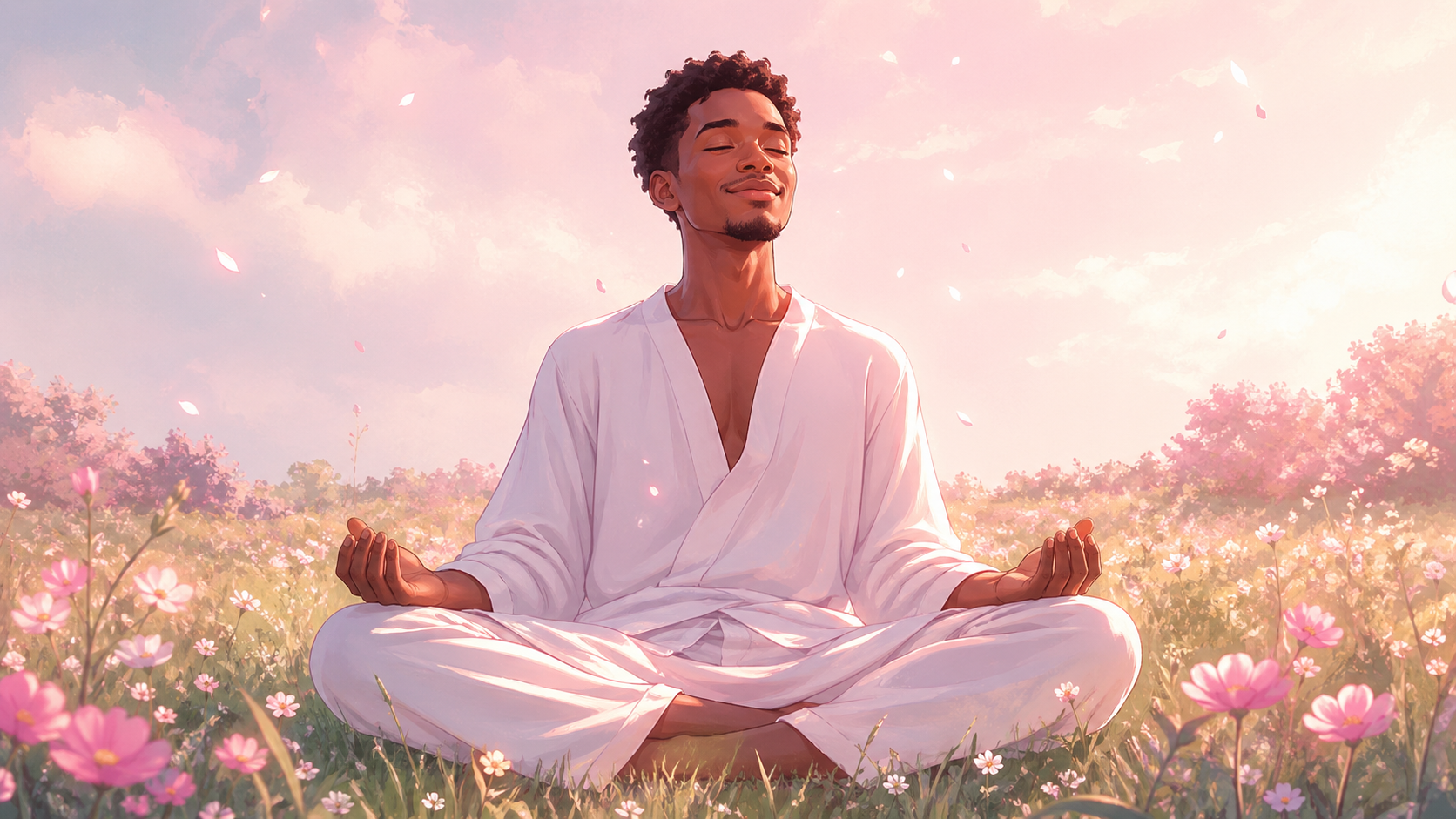 homme africain en méditation dans une prairie fleurie avec de légers scintillements roses, méditation guidée du nombre 33 en numérologie