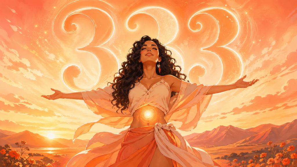 femme latinos aux cheveux bouclés debout dans un paysage orange joyeux avec le chiffre 333, signification du nombre 333 en numérologie