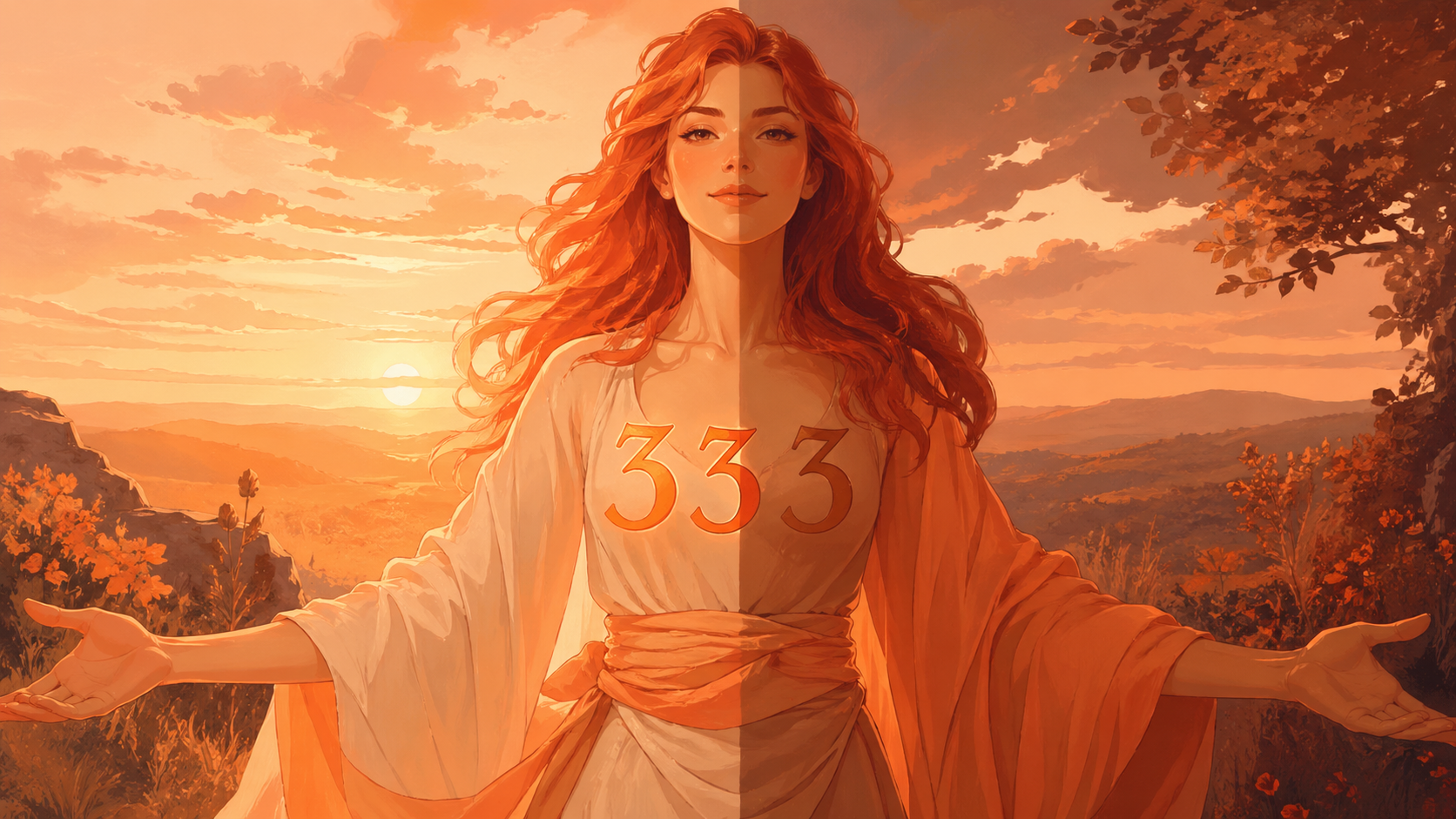 femme européenne rousse debout entre lumière et ombre avec le chiffre 333 sur le torse, enseignement du nombre 333 en numérologie
