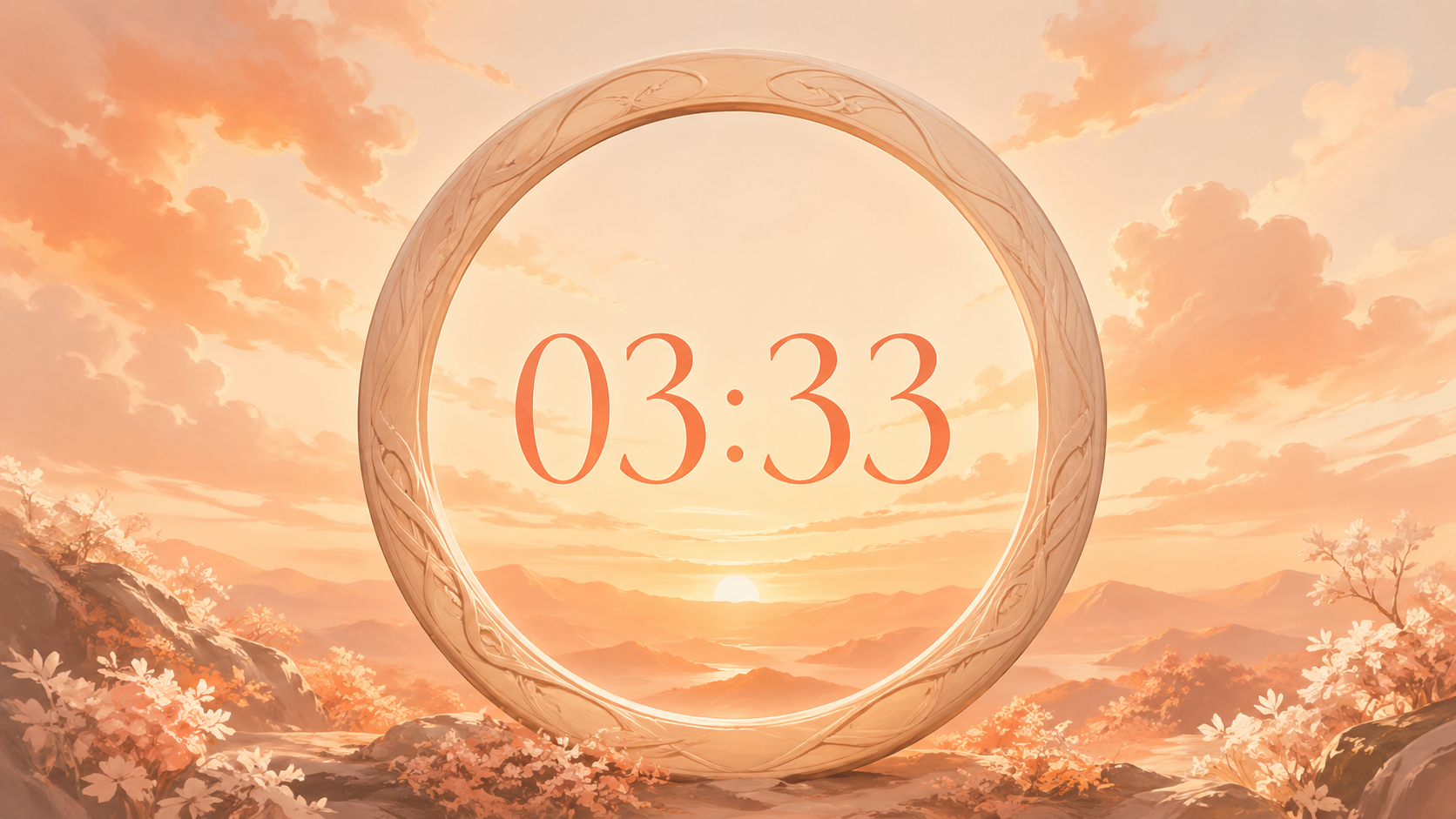 heure miroir 03:33 dans un cercle élégant sur fond d'aube orange et chaleureux, synchronicité du nombre 333 en numérologie