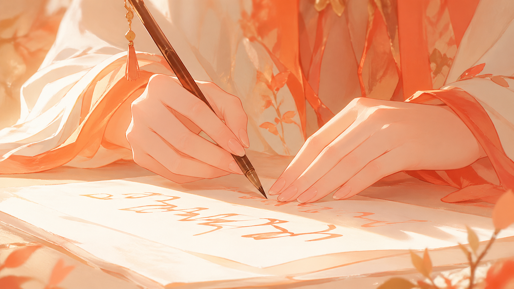 mains asiatiques tenant un pinceau au-dessus d'une feuille expressive dans une lumière orange, message vibratoire du nombre 333 en numérologie