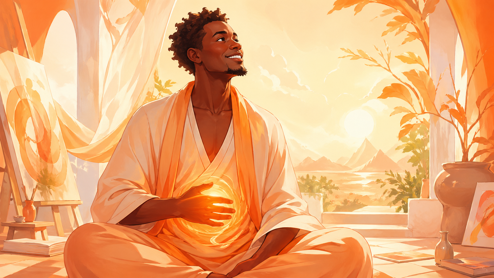homme africain en méditation avec une lumière orange vive au plexus sacré, vibration du nombre 333 en numérologie