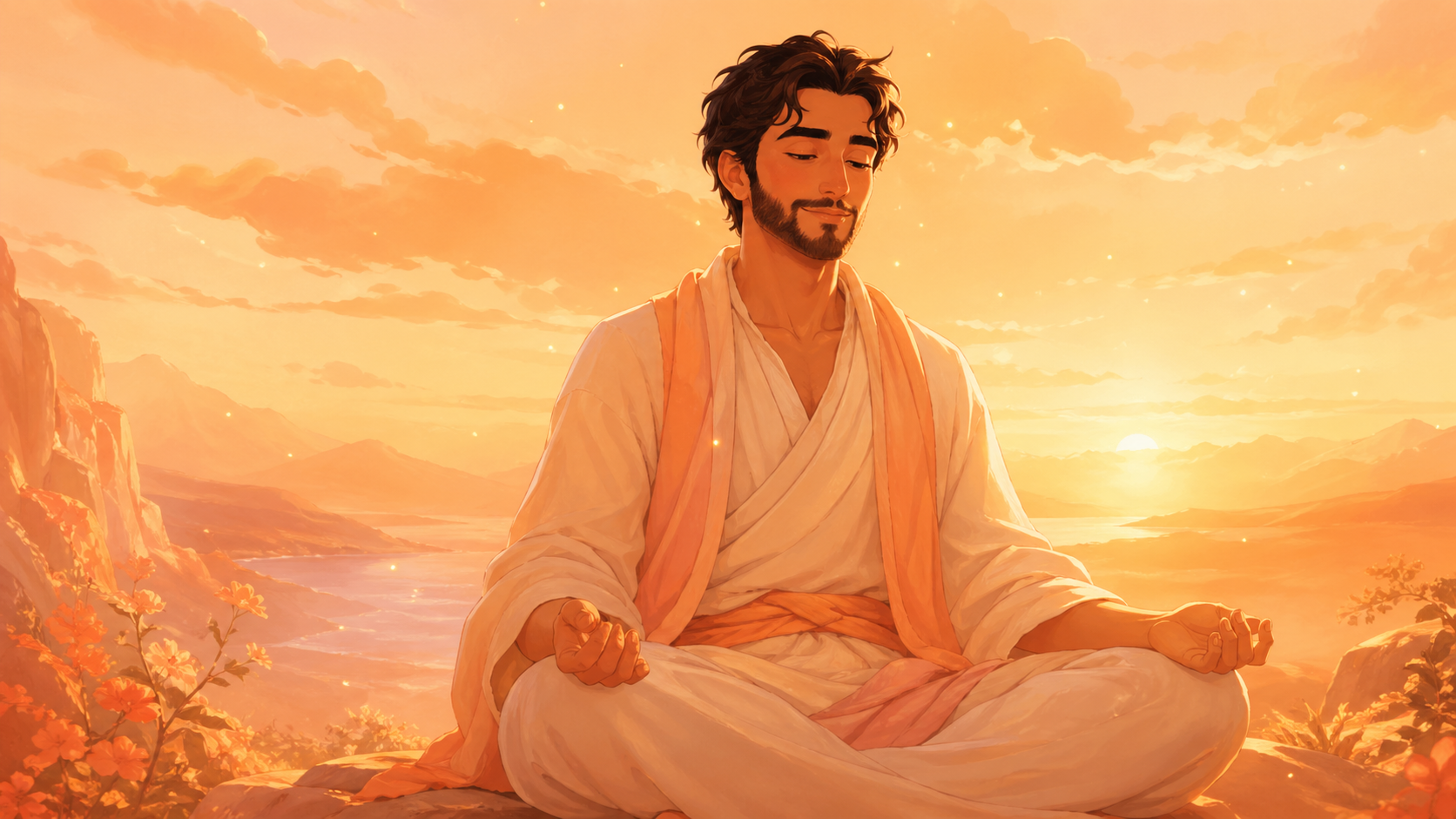 homme moyen-oriental en méditation dans un paysage chaleureux avec de légers scintillements orange, méditation guidée du nombre 333 en numérologie