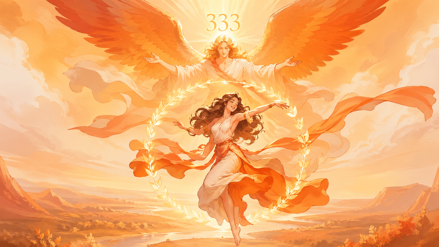 femme incarnant Le Monde du tarot en danse créatrice avec l'ange Zadkiel et le chiffre 333, symbolique sacrée du nombre 333 en numérologie