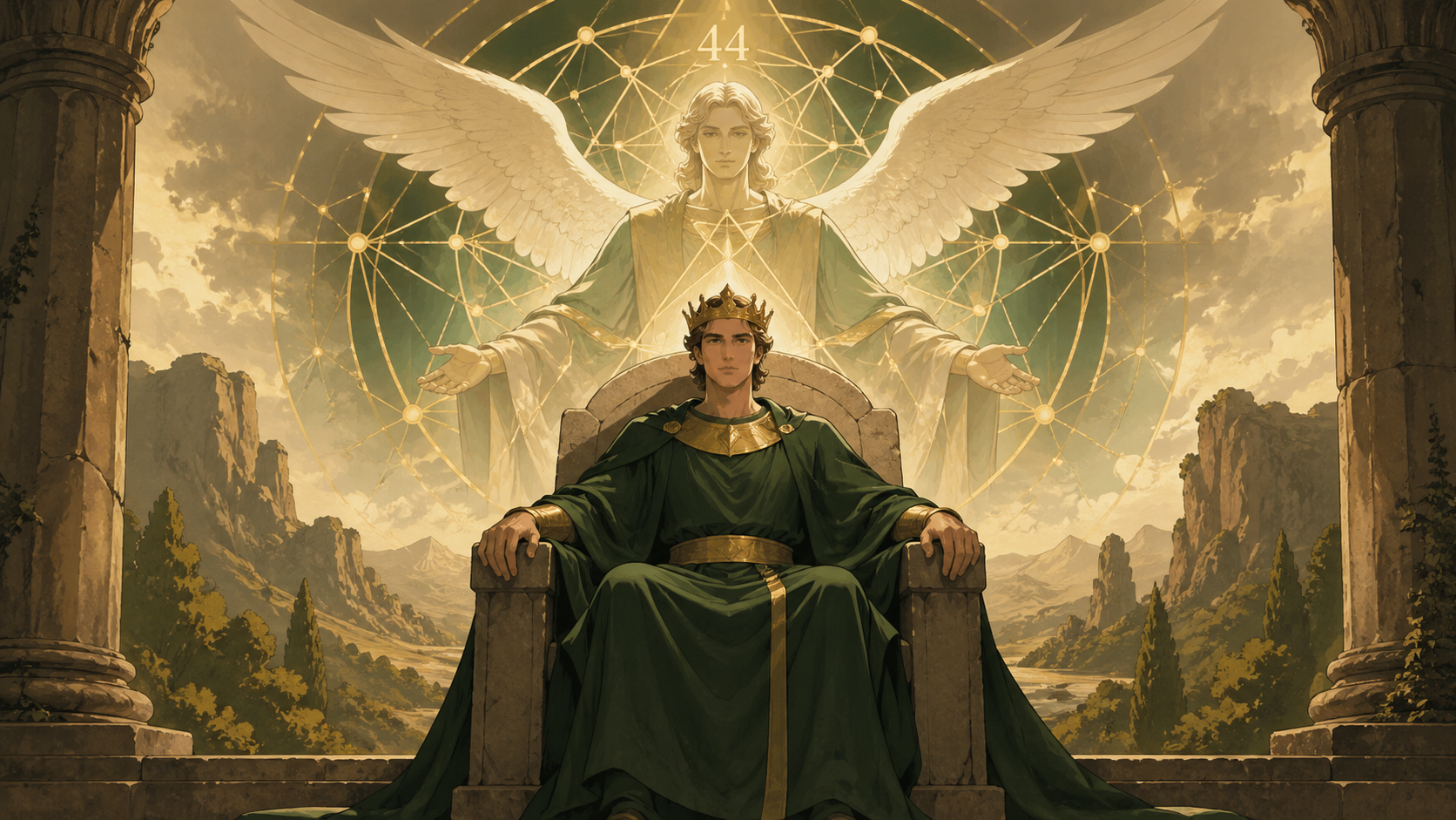 homme européen incarnant l'Empereur du tarot avec l'ange Métatron et le chiffre 44, symbolique sacrée du nombre 44 en numérologie