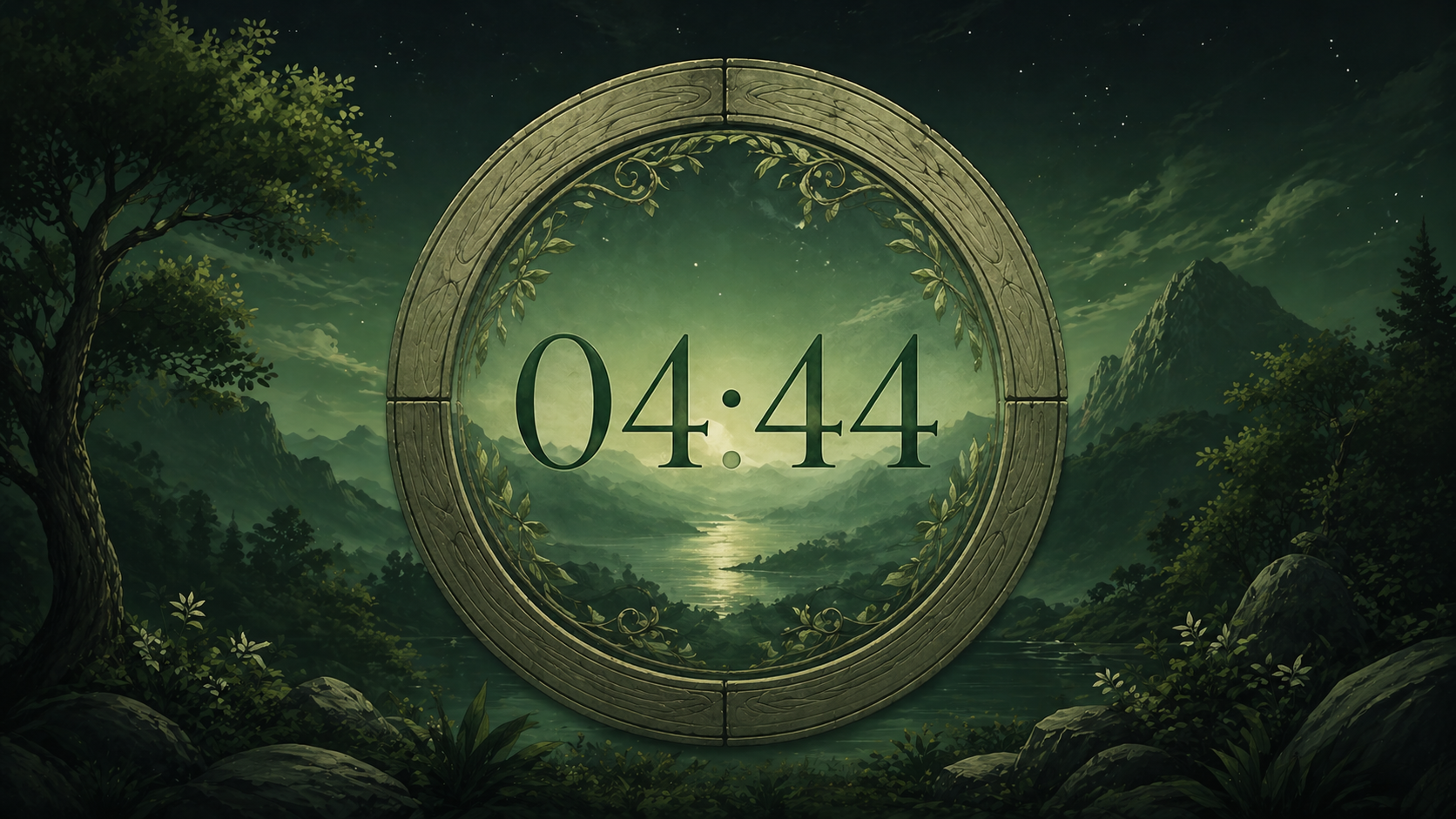 heure miroir 04:44 dans un cercle élégant sur fond de nuit verdoyante, synchronicité du nombre 44 en numérologie
