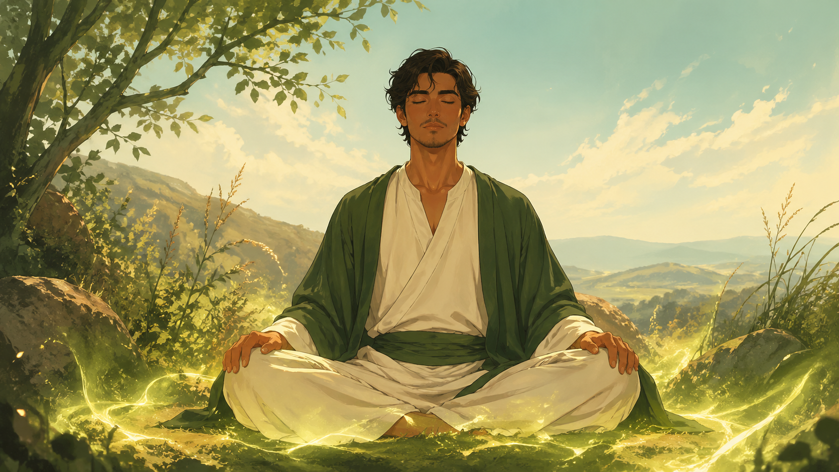 homme latinos en méditation en plein air avec une lumière verte et dorée montant de la terre, méditation guidée du nombre 44 en numérologie