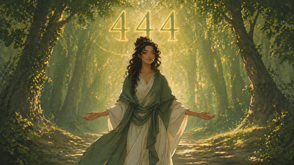femme métisse debout dans une forêt lumineuse avec le chiffre 444 en vert doré, signification du nombre 444 en numérologie