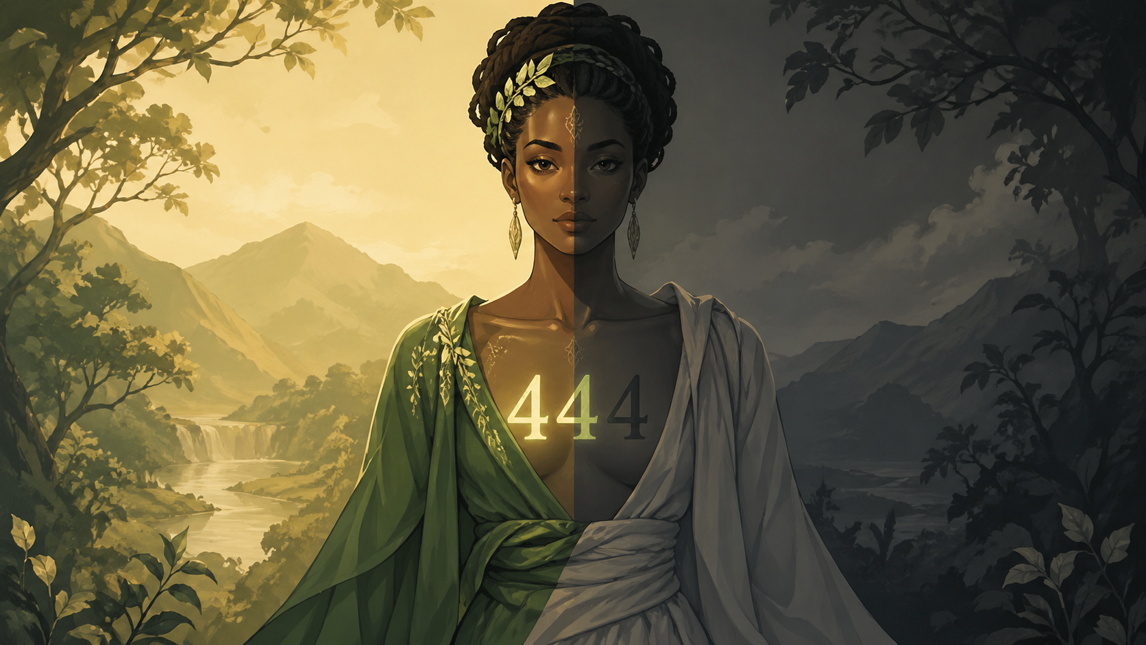 femme africaine debout entre lumière et ombre avec le chiffre 444 sur le torse, enseignement du nombre 444 en numérologie