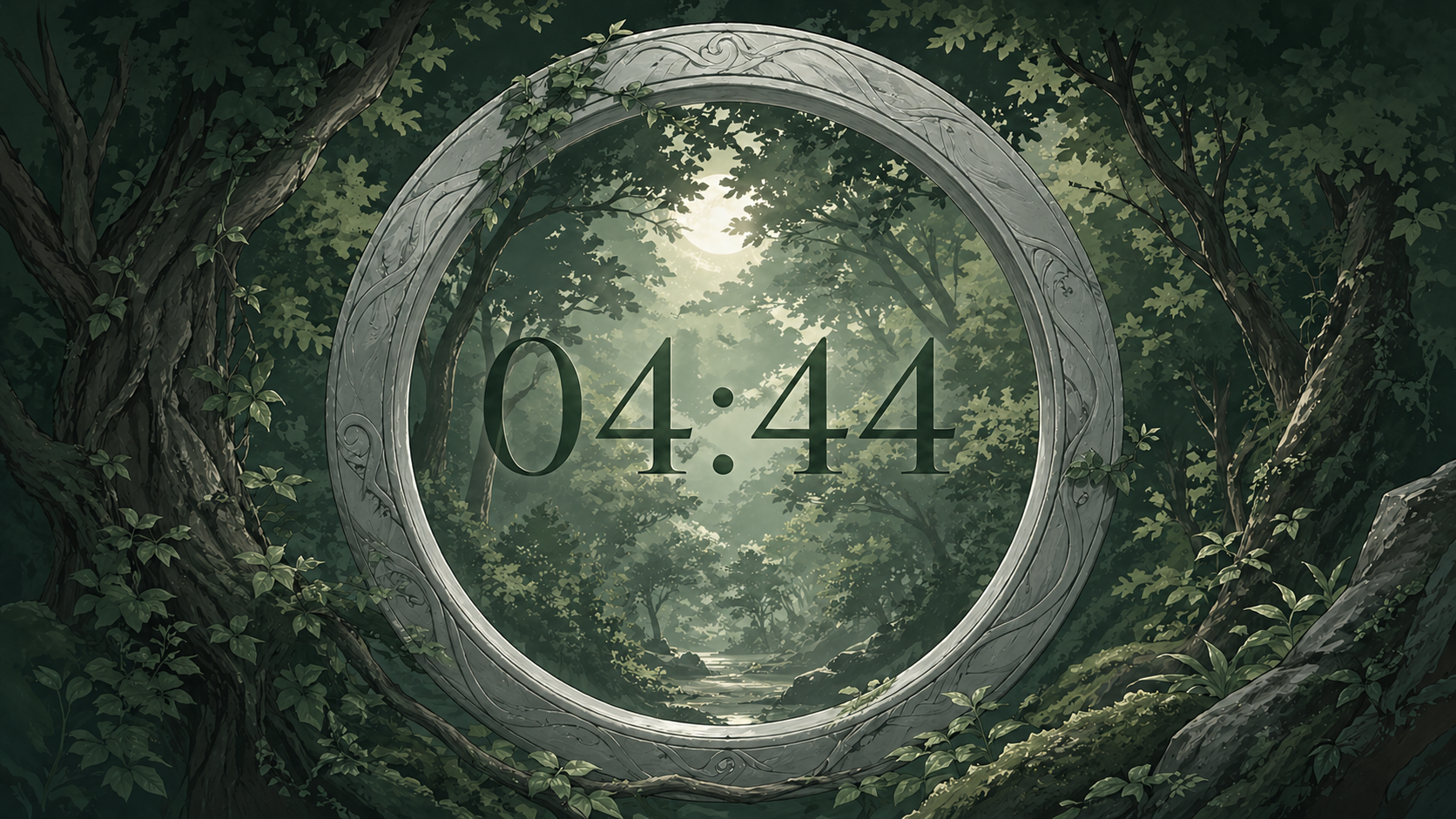 heure miroir 04:44 dans un cercle élégant sur fond de forêt nocturne apaisée, synchronicité du nombre 444 en numérologie