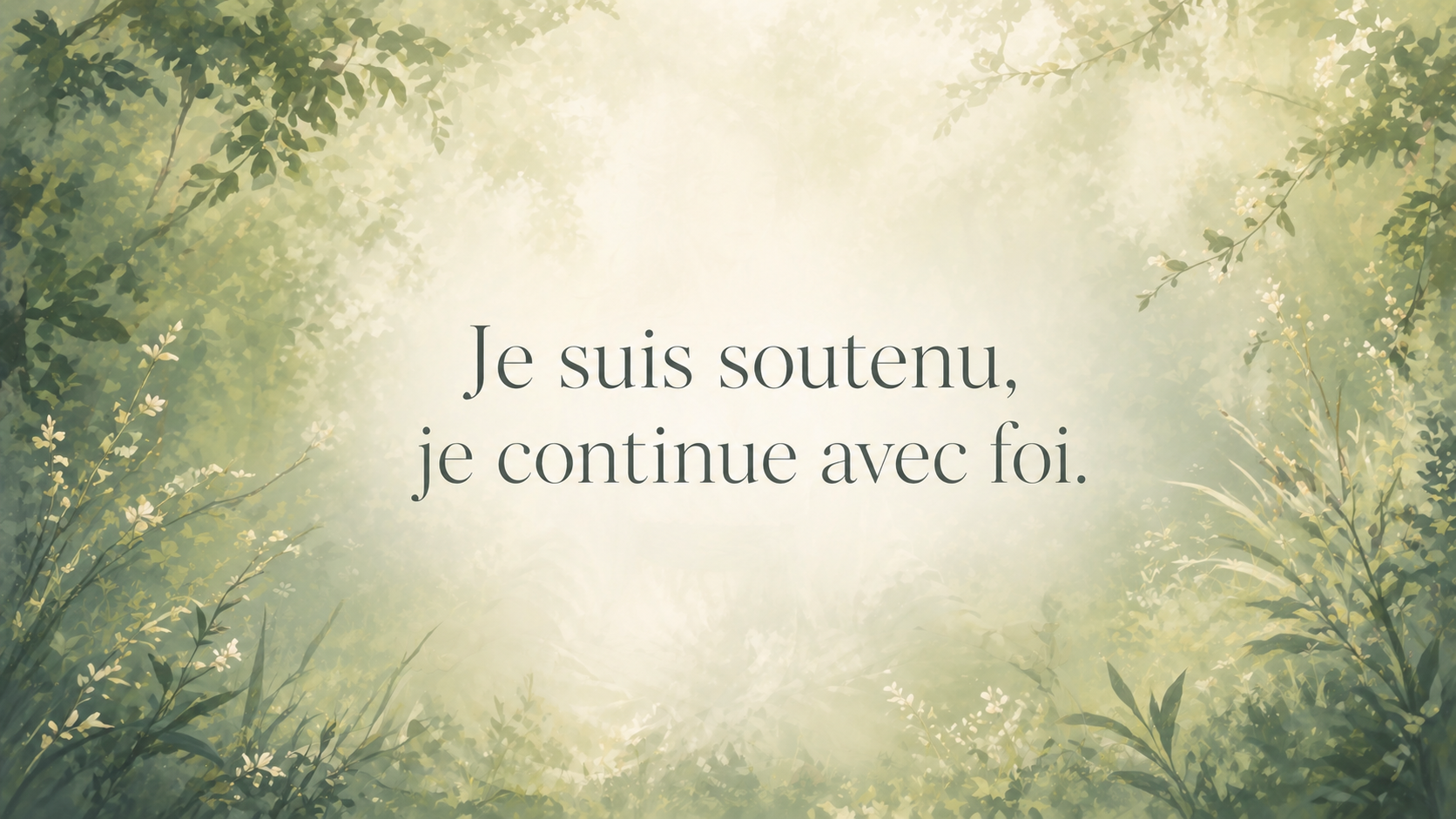 mantra du nombre 444 en numérologie en gris ardoise sur fond vert forêt doux avec feuilles