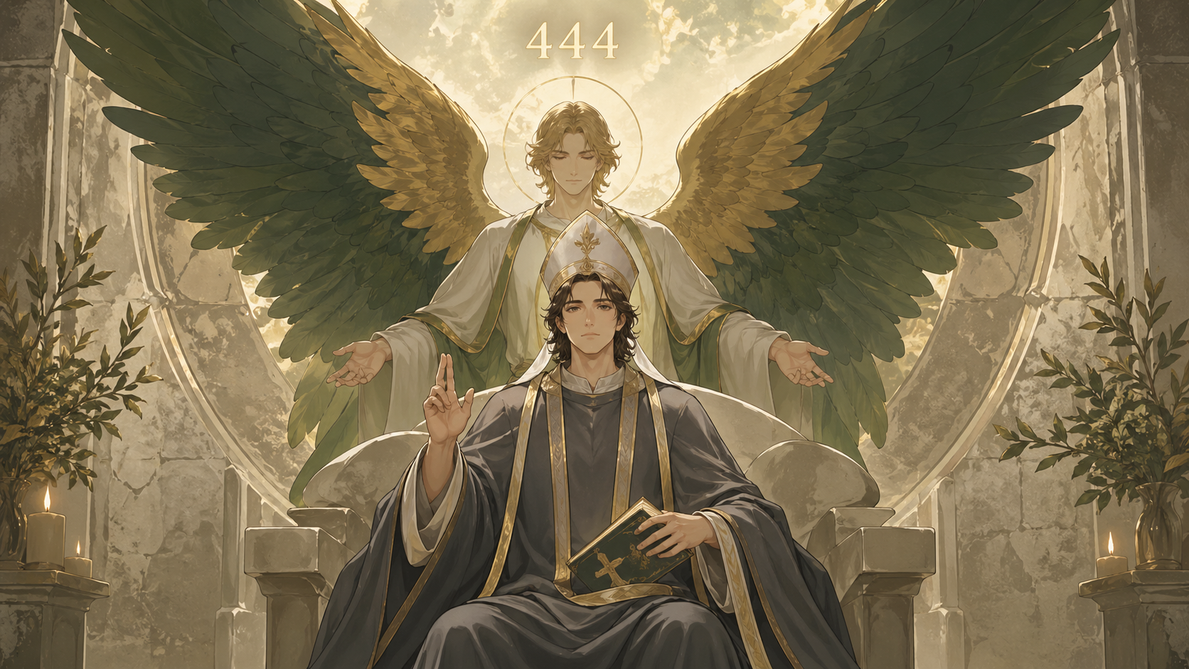 homme incarnant Le Pape du tarot avec l'ange Chamuel et le chiffre 444, symbolique sacrée du nombre 444 en numérologie
