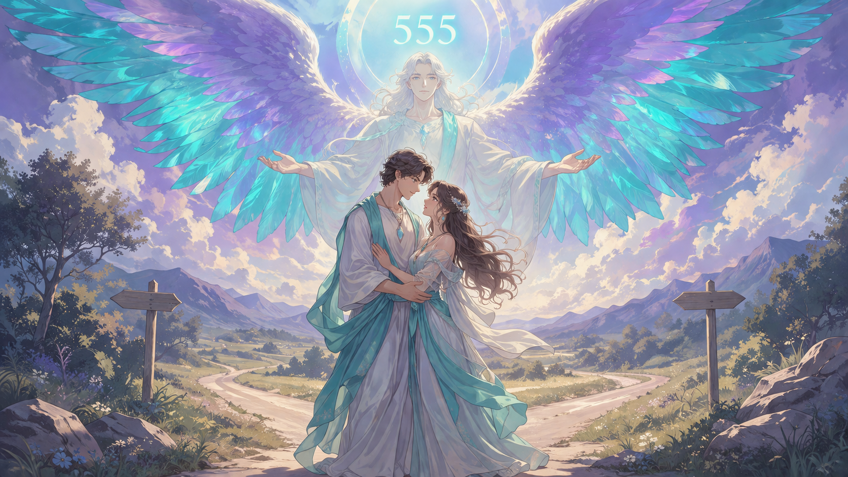 homme incarnant L'Amoureux du tarot à un carrefour avec l'ange Caliel et le chiffre 555, symbolique sacrée du nombre 555 en numérologie