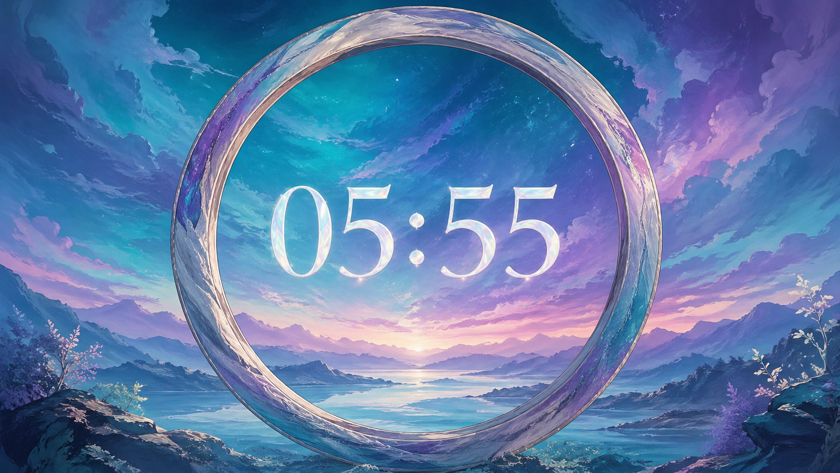 heure miroir 05:55 dans un cercle élégant sur fond d'aurore irisée turquoise et violet, synchronicité du nombre 555 en numérologie