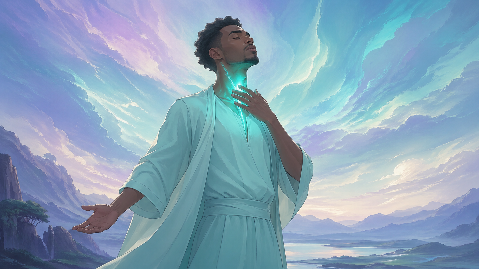 homme africain en méditation debout bras ouverts avec une lumière turquoise irisée à la gorge, vibration du nombre 555 en numérologie