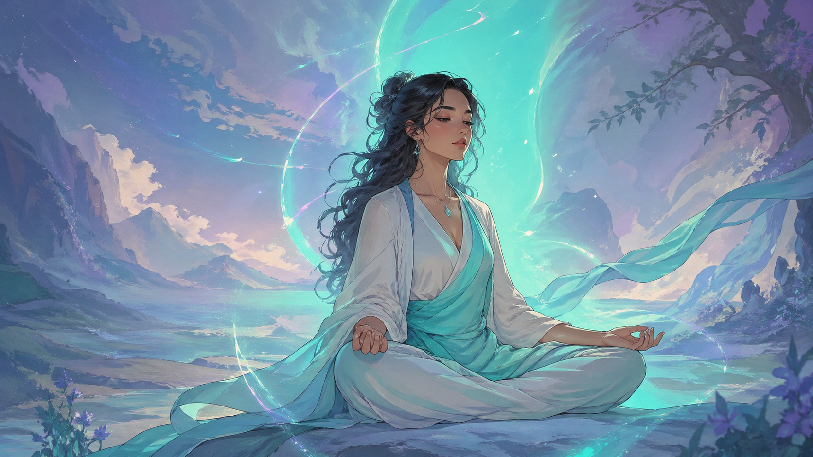 femme latinos en méditation dans un paysage irisé avec de légers scintillements turquoise, méditation guidée du nombre 555 en numérologie