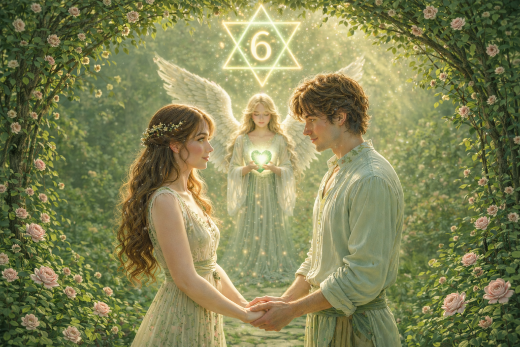 les Amoureux et Haniel dans un hexagramme lumineux, symbolique sacrée du nombre 6 en numérologie