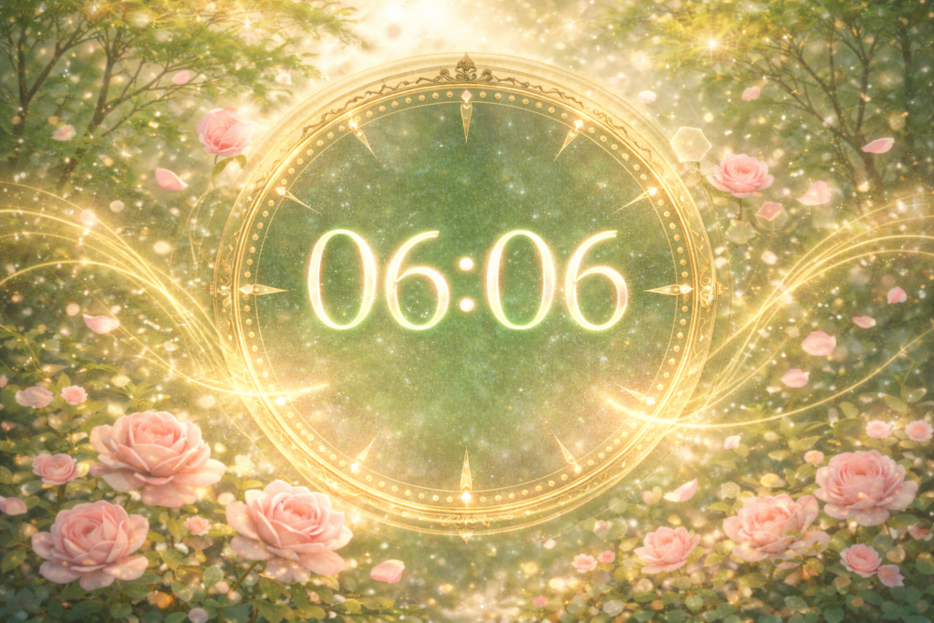 heure miroir 06:06 entourée de roses et de lumière verte, synchronicité du nombre 6 en numérologie