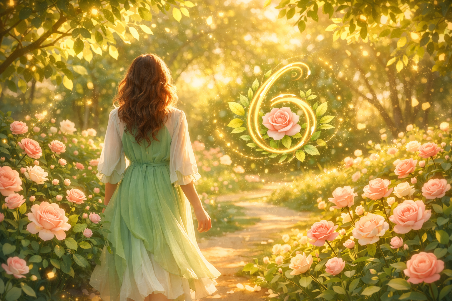 silhouette dans un jardin en fleur, illustration douce de la signification du nombre 6 en numérologie