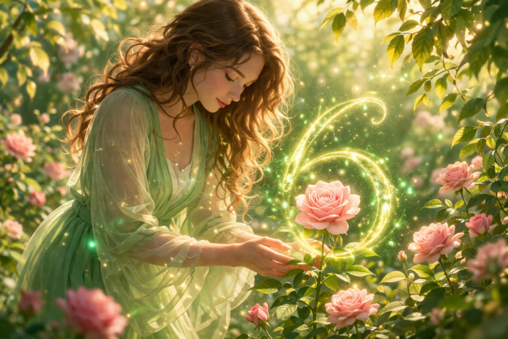 silhouette prenant soin d'une plante dans une lumière émeraude, vibration du nombre 6 en numérologie sacrée